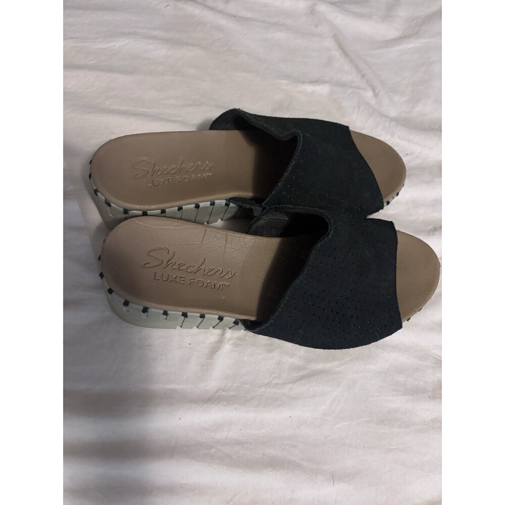 Skechers Womens Slide Wedge Sandals Black Slip On Foam Insole Logo Comfort